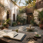 Propriétaire examinant un contrat de conciergerie à Marrakech dans le patio d'un riad - conciergerie marrakech