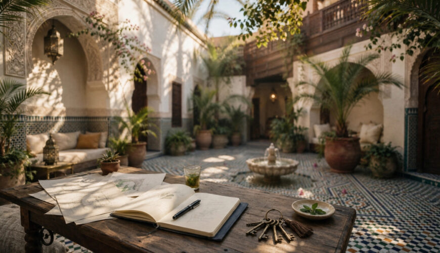 Propriétaire examinant un contrat de conciergerie à Marrakech dans le patio d'un riad - conciergerie marrakech
