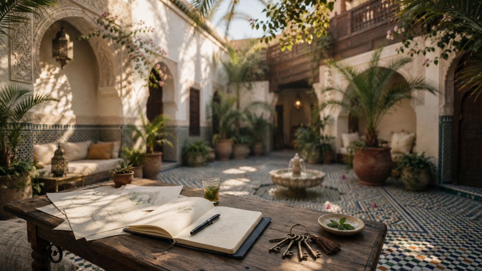 Propriétaire examinant un contrat de conciergerie à Marrakech dans le patio d'un riad - conciergerie marrakech