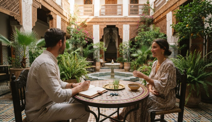 Propriétaire de riad posant des questions à une conciergerie à Marrakech dans un patio ombragé - conciergerie marrakech