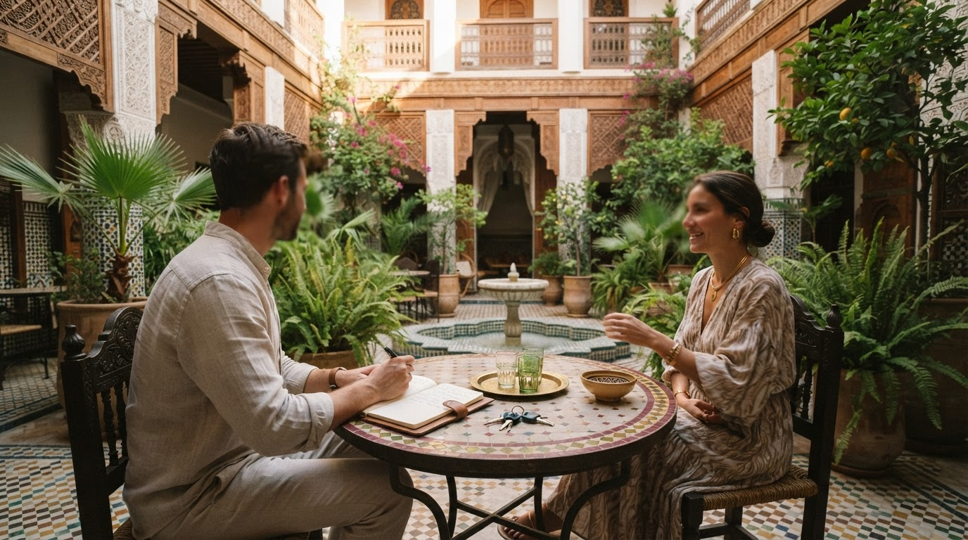 Propriétaire de riad posant des questions à une conciergerie à Marrakech dans un patio ombragé - conciergerie marrakech