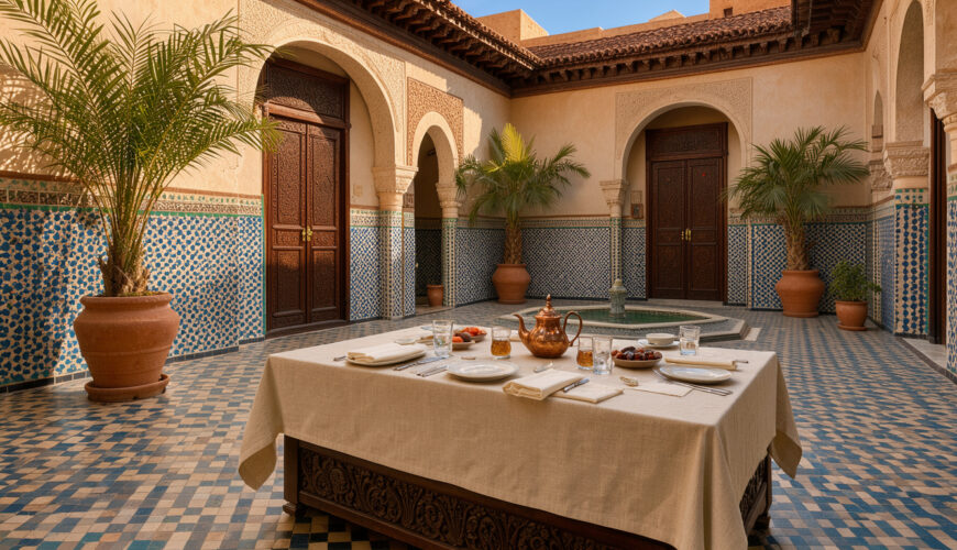 Patio d'un riad à Marrakech préparé avec soin par une conciergerie riad Marrakech