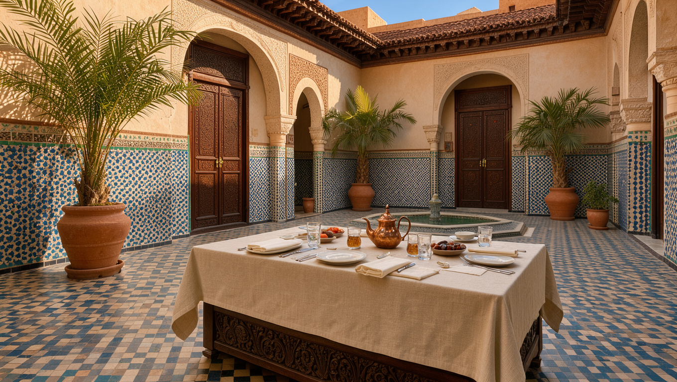 Patio d'un riad à Marrakech préparé avec soin par une conciergerie riad Marrakech