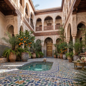 Patio lumineux d'un riad à Marrakech avec bassin et zelliges, illustrant une conciergerie riad Marrakech