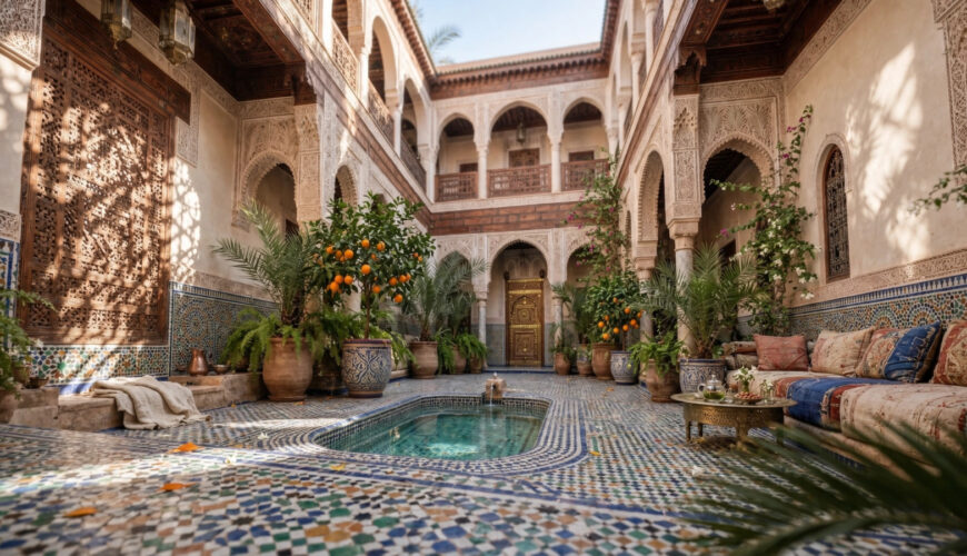 Patio lumineux d'un riad à Marrakech avec bassin et zelliges, illustrant une conciergerie riad Marrakech