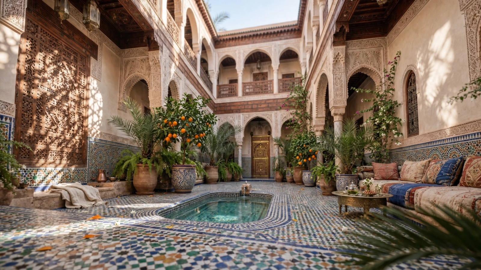 Patio lumineux d'un riad à Marrakech avec bassin et zelliges, illustrant une conciergerie riad Marrakech