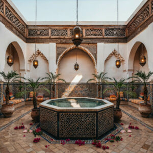Patio d'un riad à Marrakech préparé avec soin par une conciergerie riad Marrakech
