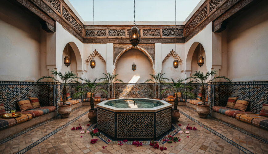 Patio d'un riad à Marrakech préparé avec soin par une conciergerie riad Marrakech