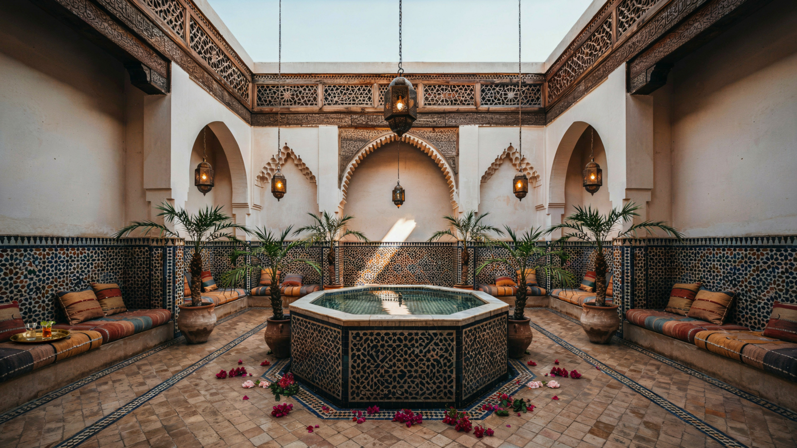 Patio d'un riad à Marrakech préparé avec soin par une conciergerie riad Marrakech