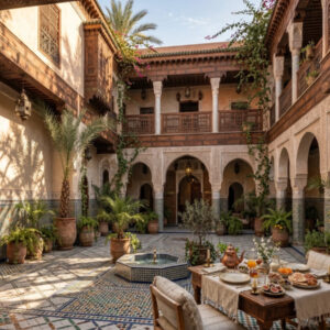 Intérieur d'un riad marocain préparé pour l'arrivée de voyageurs dans le cadre d'une gestion locative courte durée à