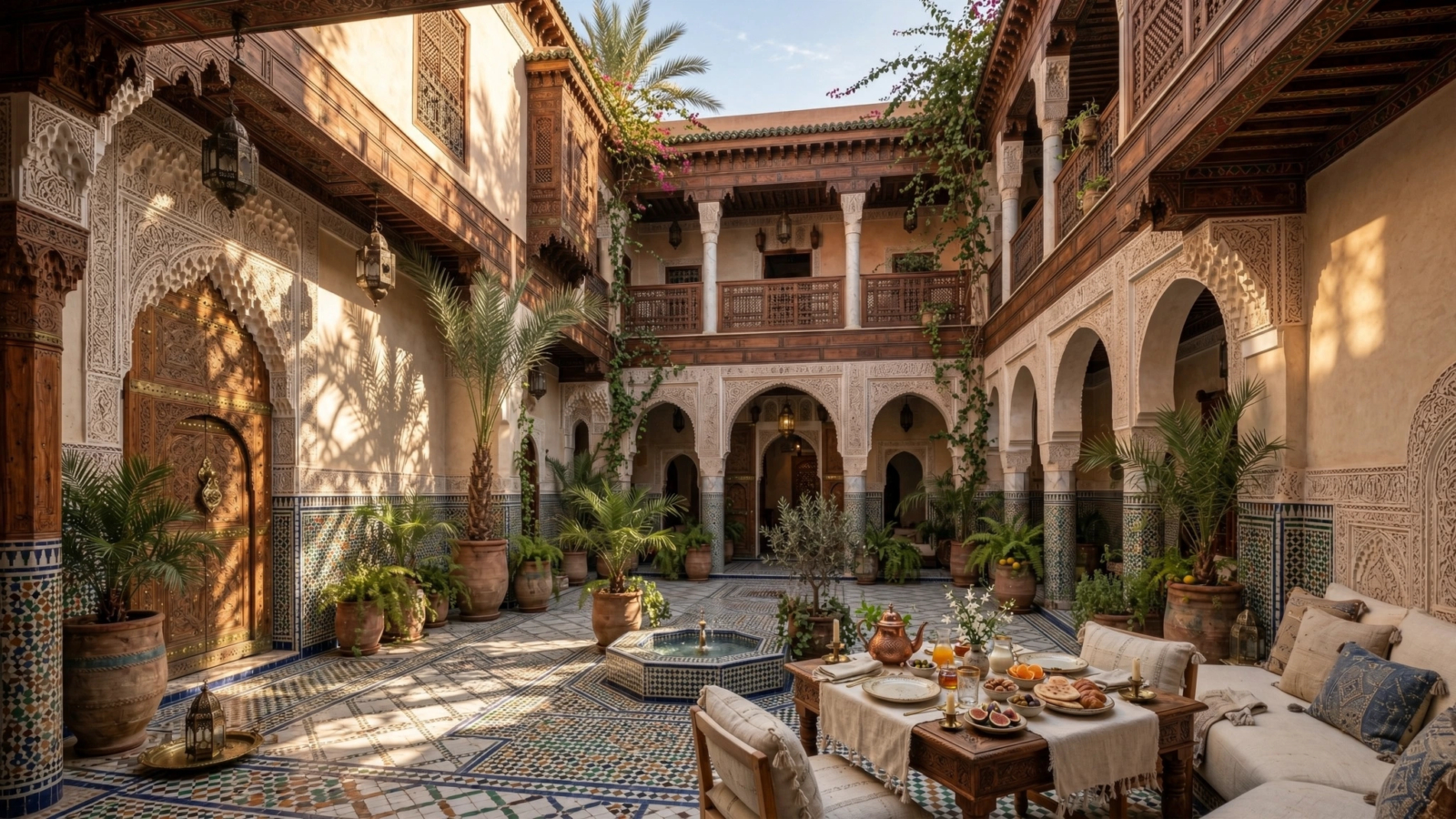 Intérieur d'un riad marocain préparé pour l'arrivée de voyageurs dans le cadre d'une gestion locative courte durée à