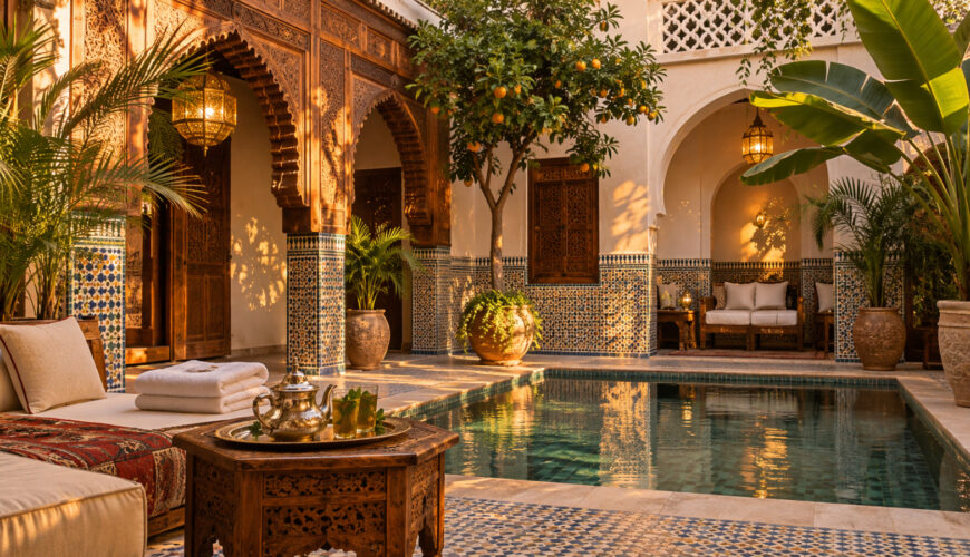 Marrakech concierge preparing a riad terrace before guest arrival