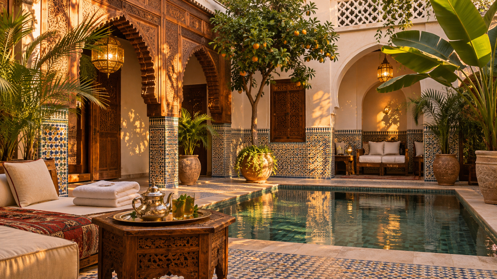 Marrakech concierge preparing a riad terrace before guest arrival
