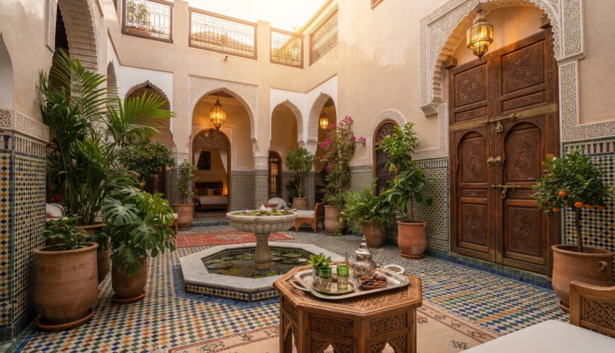 Marrakech concierge welcoming guests in a traditional riad courtyard