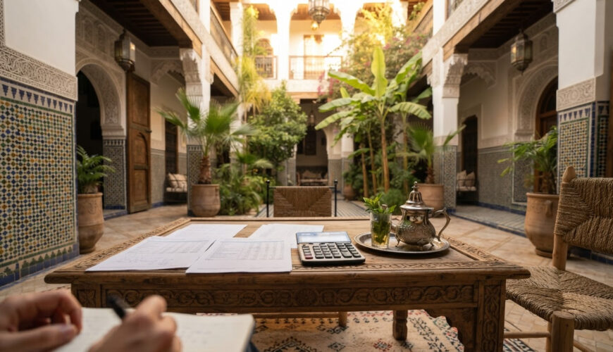 Marrakech riad concierge reviewing a budget sheet on a courtyard table