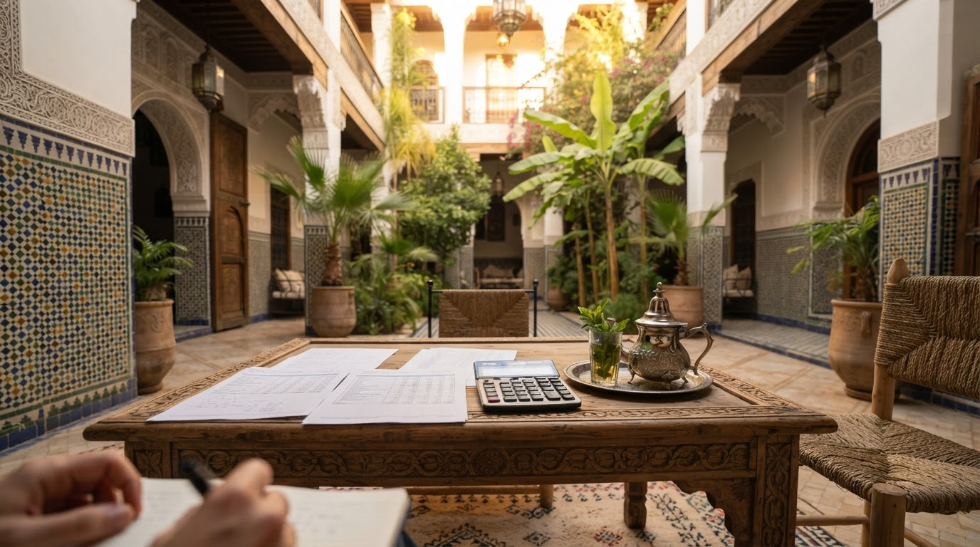 Marrakech riad concierge reviewing a budget sheet on a courtyard table