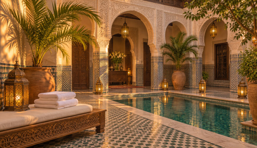 Terrace of a Marrakech riad prepared for guests by a short-term rental management Marrakech team