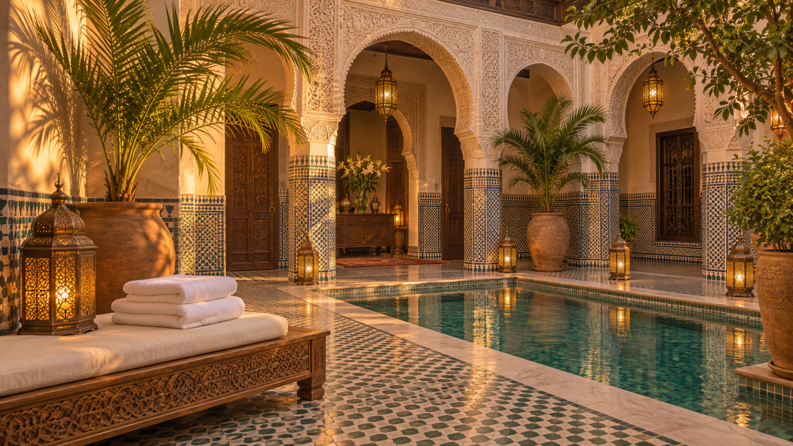 Terrace of a Marrakech riad prepared for guests by a short-term rental management Marrakech team