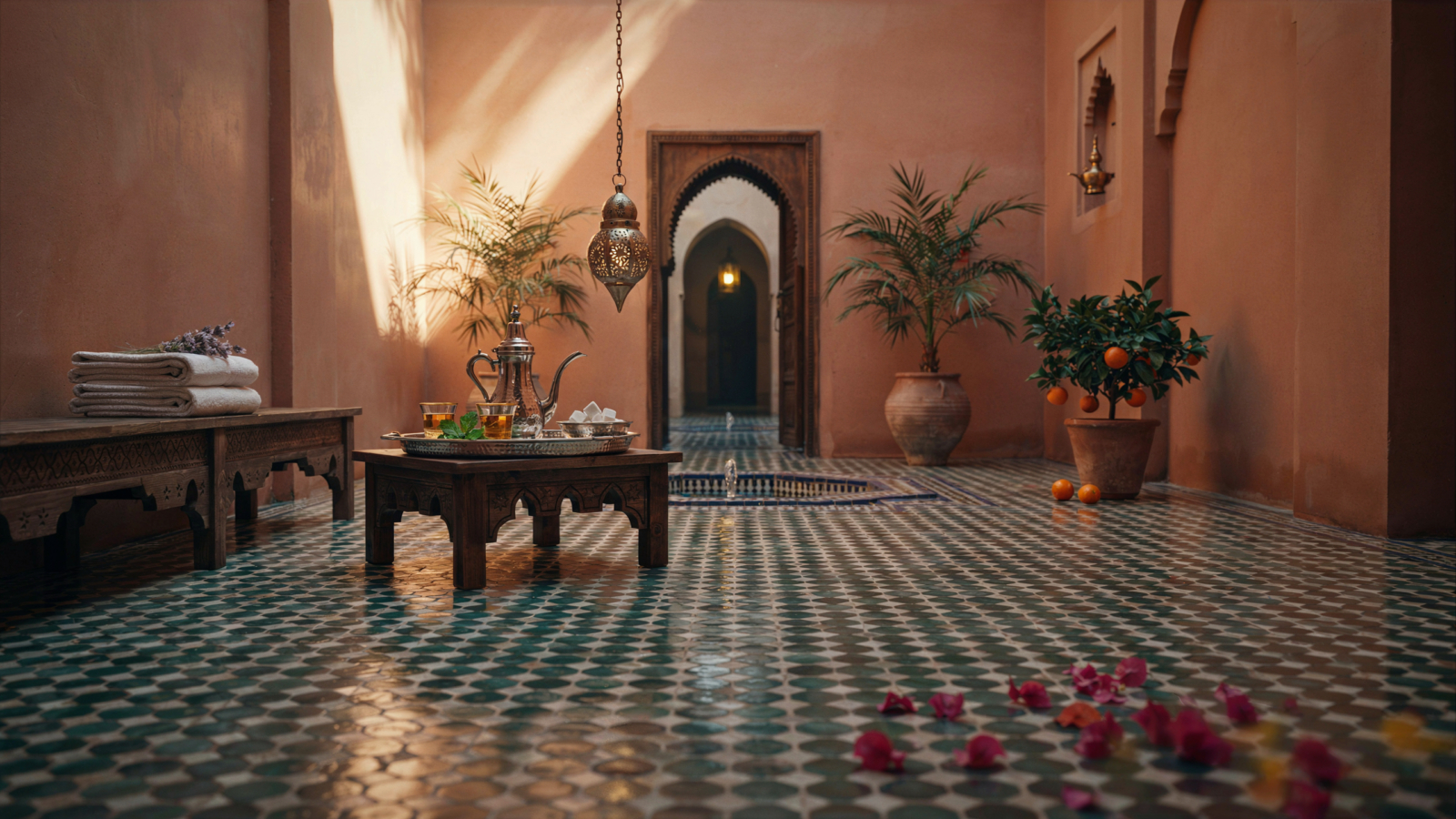 Riad courtyard prepared for guests by a short-term rental management team in Marrakech - Short-Term Rental Management