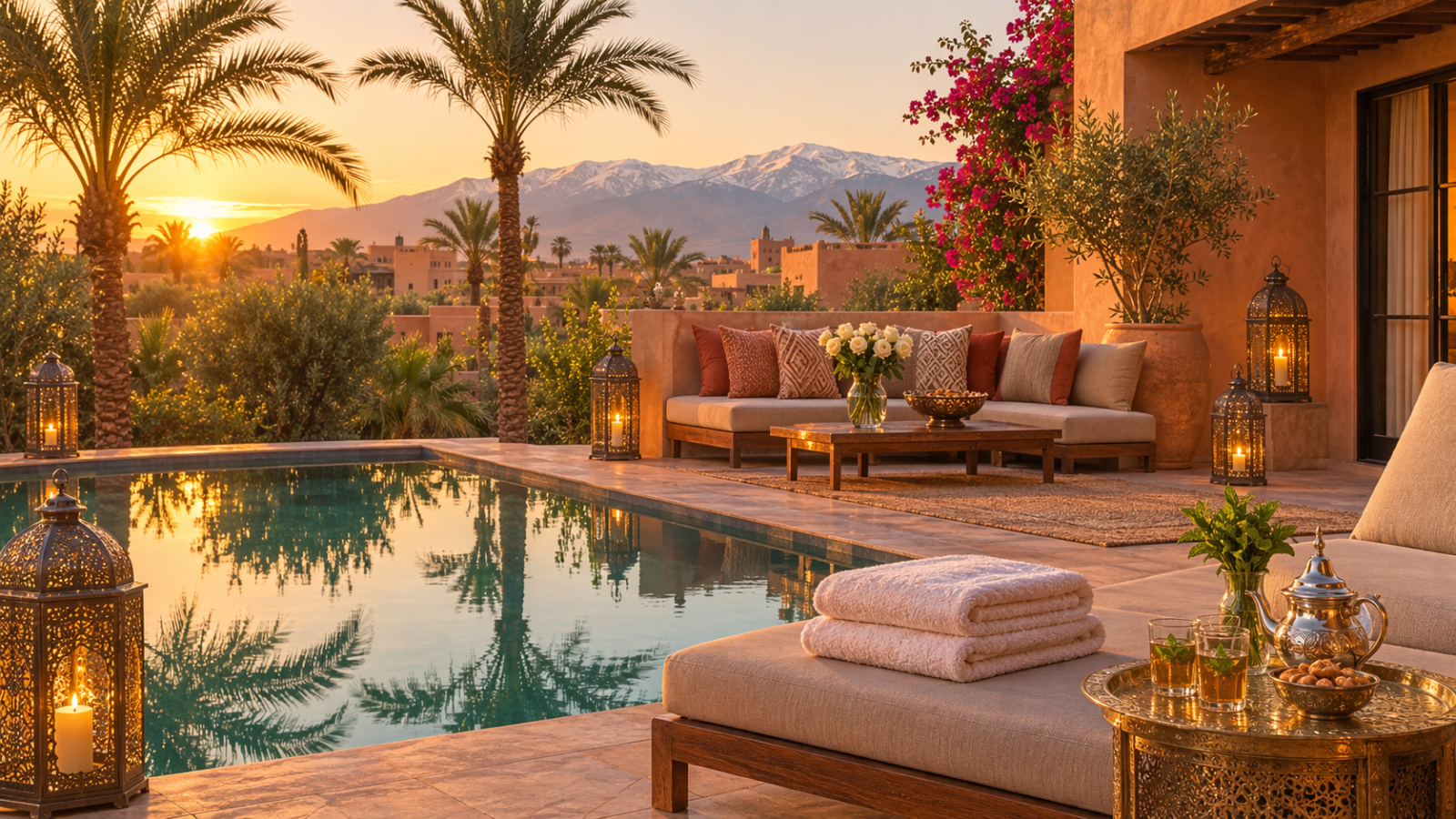 Elegant Marrakech villa terrace at golden hour prepared for guests by a villa marrakech concierge team