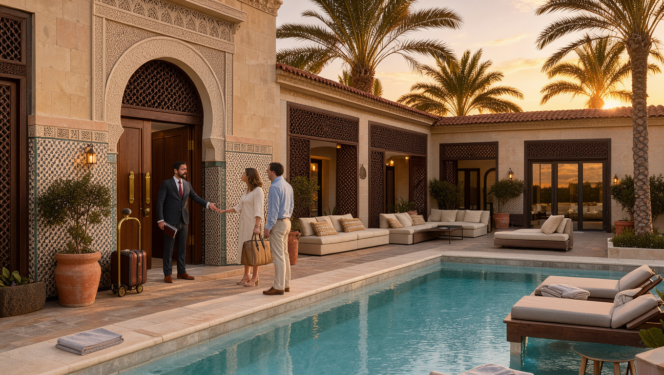 Luxury villa in Marrakech with a concierge welcoming guests at the entrance - villa marrakech concierge